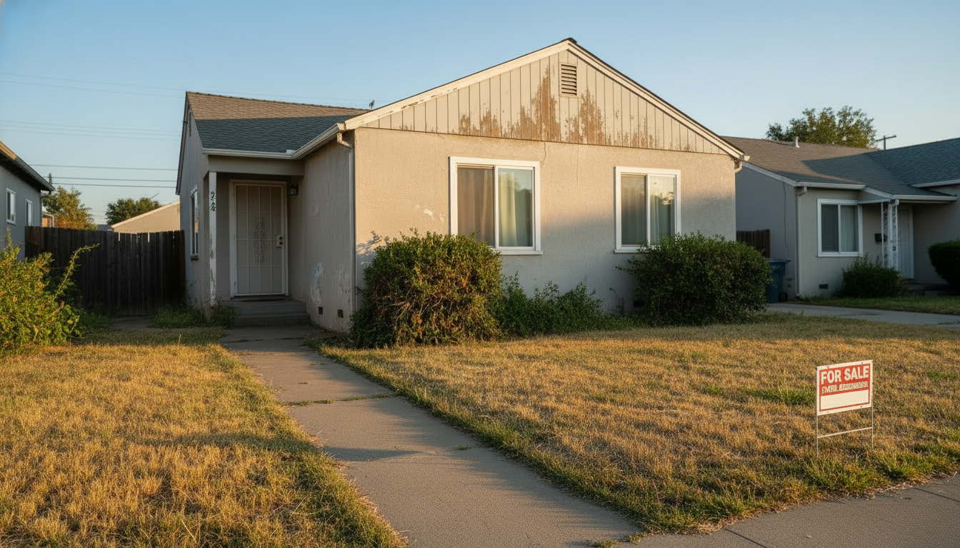Sacramento home for sale as-is with dry lawn and simple exterior