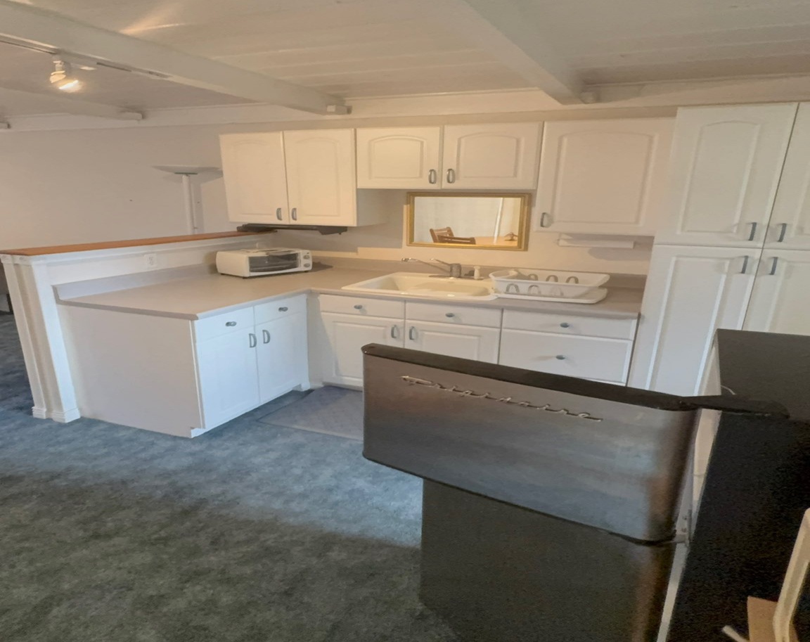 Bright compact kitchen with white cabinets and modern appliances
