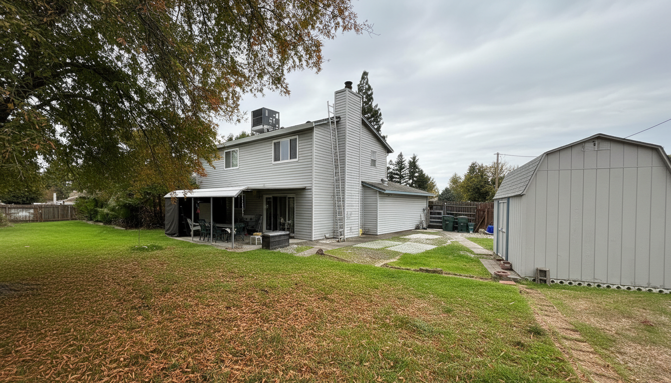 Spacious rear yard with shed behind a two-story California home