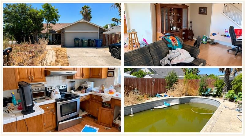 Cluttered inherited Sacramento home with overgrown yard, green pool
